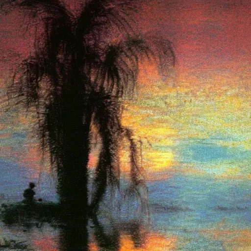 Image similar to Movie scene photography of a 10 years old boy playing in the dirty swamp, by tarkovsky, wong kar wai photography, sunset, monet pastel ambient