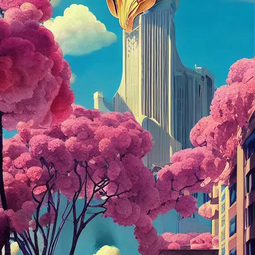 Image similar to a painting of an art deco building surrounded by flowers, a watercolor and matte painting by beeple and rhads and maxfield parrish, cgsociety, artdeco, dystopian art, sci - fi, artstation hq