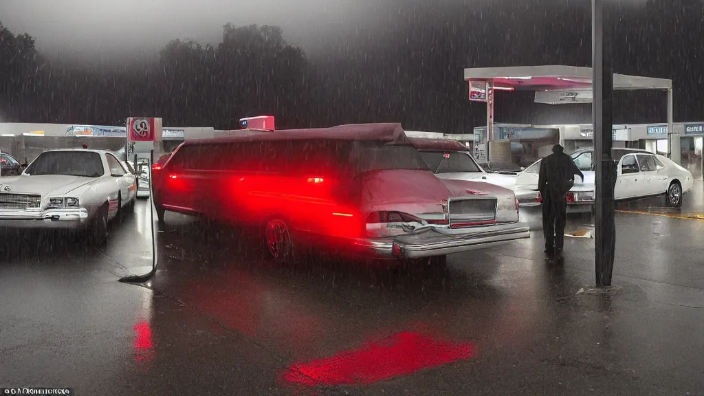 Image similar to late night at a gas station, rain pouring down, a man stands outside pumping gas into his car, a hearse is next to his car, he glances over and sees bright red eyes glaring from the driver ’ s seat