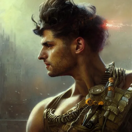 Image similar to handsome portrait of a young guy fitness posing, war hero, joyful, radiant light, caustics, by gaston bussiere, bayard wu, greg rutkowski, giger, maxim verehin