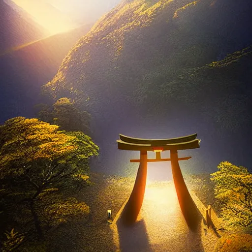 Image similar to Japanese Torii in a moutain , morning , sunshine , by Grzegorz Rutkowski