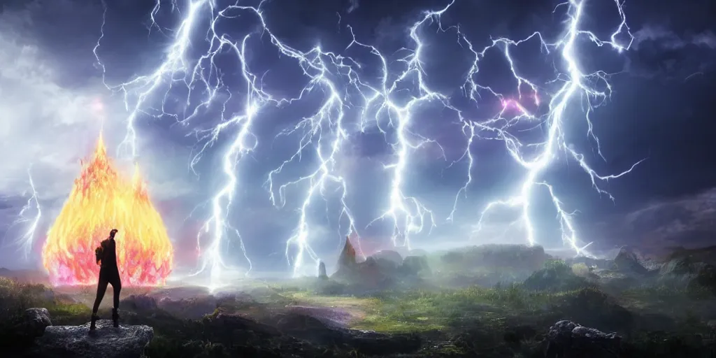 Image similar to wizard in front of magical explosion, lightning, fantasy, concept art, 8 k