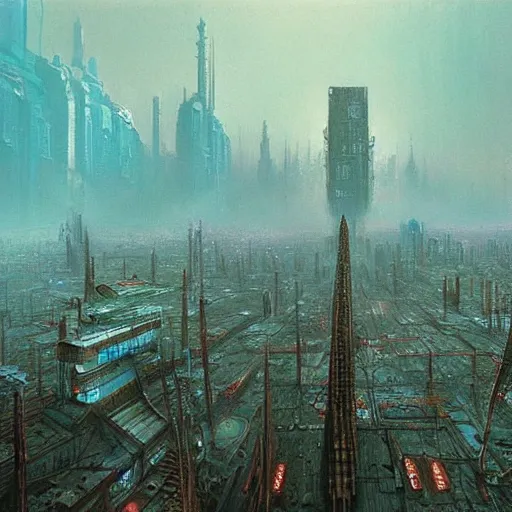 Image similar to giant dystopian cyberpunk city, stretching very far, apocalyptic, beksinski art style