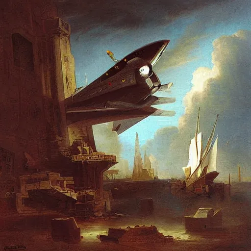 Image similar to starship over square painting by hubert robert detailed