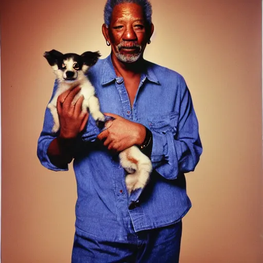 Prompt: Morgan Freeman holding a puppy for a 1990s sitcom tv show, Studio Photograph, portrait C 12.0