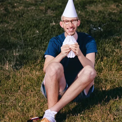 Image similar to a nerdy skinny white guy sitting on a cone, looking at the camera with a smirky face