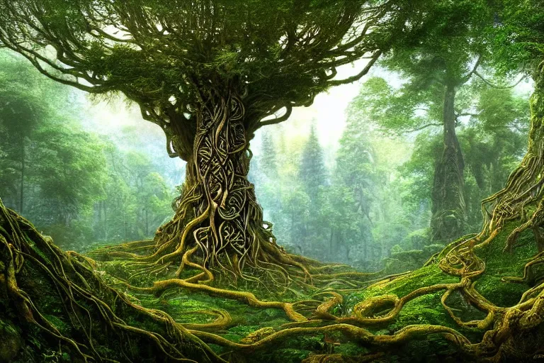 Prompt: a beautiful and highly detailed digital painting of an elven tree with celtic roots in a lush forest in the mystical mountains of nargothrond, psychedelic patterns, intricate details, epic scale, 8 k, sharp focus, photorealism, artstation, cgsociety, by caspar friedrich, albert bierstadt, james gurney, brian froud,