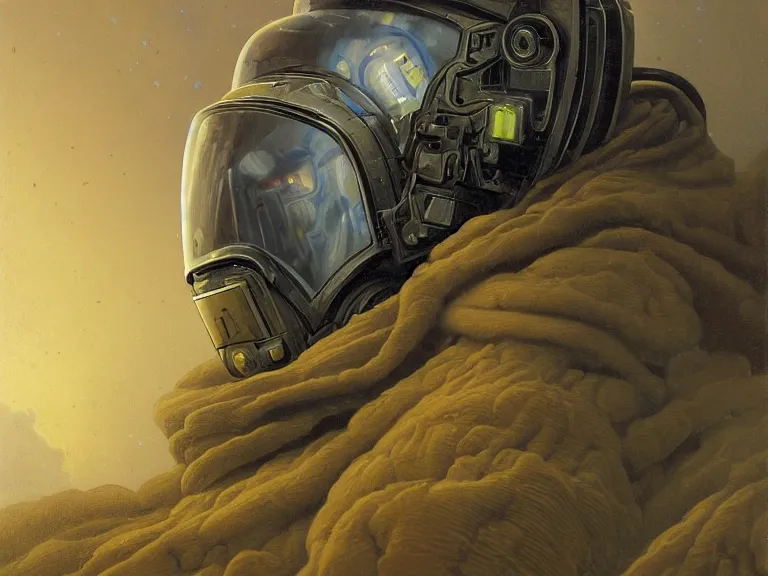 Image similar to a detailed profile oil painting of a lone bountry hunter in a space armour with reflective helmet, cinematic sci-fi poster. technology flight suit, bounty hunter portrait symmetrical and science fiction theme with lightning, aurora lighting clouds and stars by beksinski carl spitzweg and tuomas korpi. baroque elements, full-length view. baroque element. intricate artwork by caravaggio. Trending on artstation. 8k