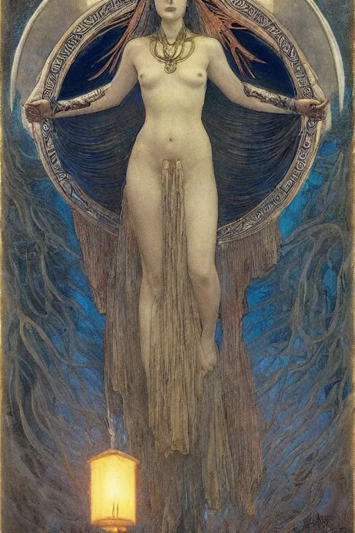 Prompt: goddess of the moonlit dead with her lantern and regalia, by Annie Swynnerton and Nicholas Roerich and jean delville, dramatic cinematic lighting , ornate headdress , flowing robes, lost civilizations, extremely detailed