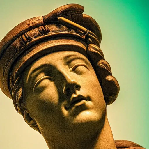 Image similar to a neon circle as a hat on a renaissance statue head, black background, ray tracing, 8 k resolution, sharp focus, hyper detailed, hyper realistic