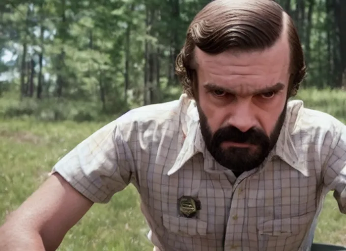 Image similar to film still of jim hopper as mike wheeler in stranger things, 8 k