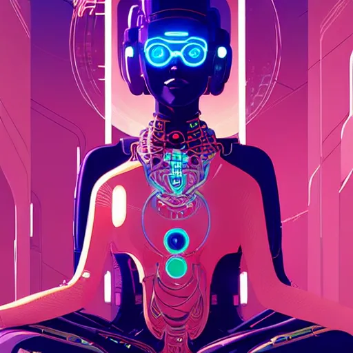 Prompt: a portrait of a beautiful cybernetic woman meditating in lotus pose, cyberpunk concept art by josan gonzales and jean claude meziere and syd mead