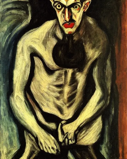 Image similar to Max Beckmann. El Greco. Van Gogh. Oil on canvas. Portrait of a demon.