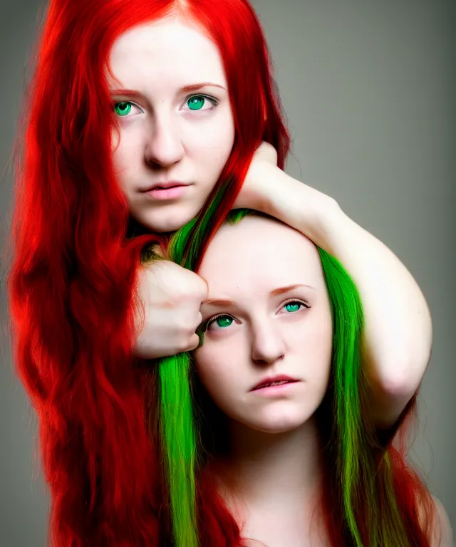 Image similar to Fae teenage girl, portrait, long red hair, green highlights