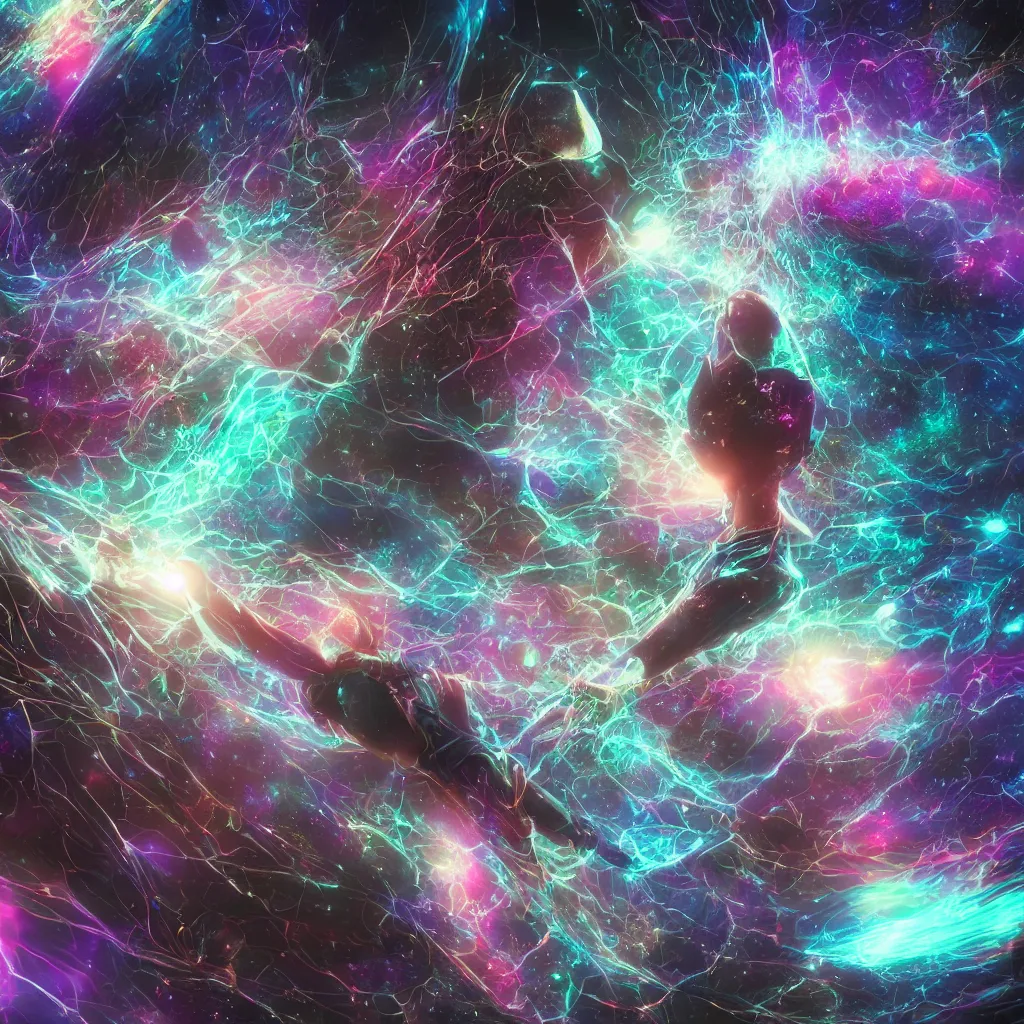 Prompt: letting go of reality and experiencing the quantum field and the cosmic void and the opalescent web of interconnectedness between all things. matte painting comic book art, cinematic, highly detailed, realistic, beautiful cosmic neural network, octane render, unreal engine, depth of field, trending on artstation, sharp focus, philosophical splashes of colors