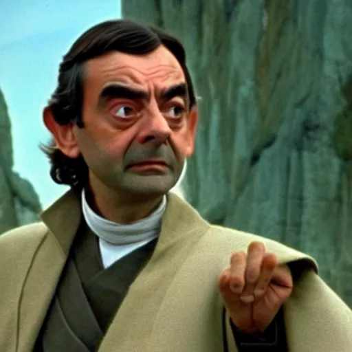 Image similar to Still of Mr. Bean as jedi master Obiwan kenobi!!!!. in Star Wars (1977). detailed eyes. medium shot, technicolor. light saber