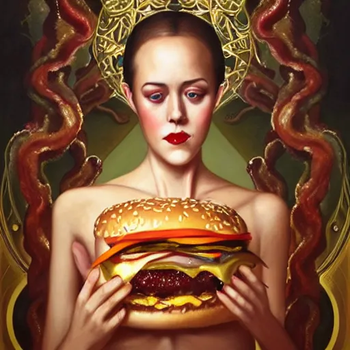 Prompt: detailed full body concept art illustration oil painting of Jena Malone eating hamburgers, extra ketchup, bacon lettuce and tomatos, oriental art nouveau, frock, mid body, radiant halo of light, black gold smoke ink, woman covered in bacon and cheese, peter mohrbacher, artgerm