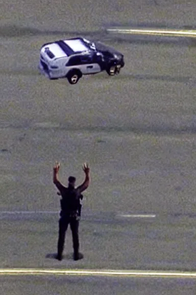 Image similar to a photo taken from a distance of police surrounding a man floating in the air with his hands up