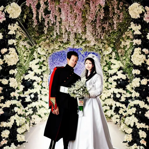 Prompt: A wide full shot, colored black and White Russian and Japanese mix historical fantasy a photograph portrait taken of inside a royal wedding floral covered aisle inspired by a enchanted ethereal forest, 1907 photo from the official wedding photographer for the royal wedding.