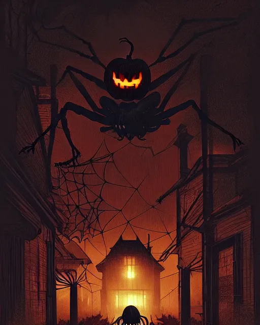 Image similar to creepy evil spider, halloween night, horror wallpaper aesthetic, cinematic, dramatic, super detailed and intricate, by koson ohara, by darwyn cooke, by greg rutkowski, by satoshi kon