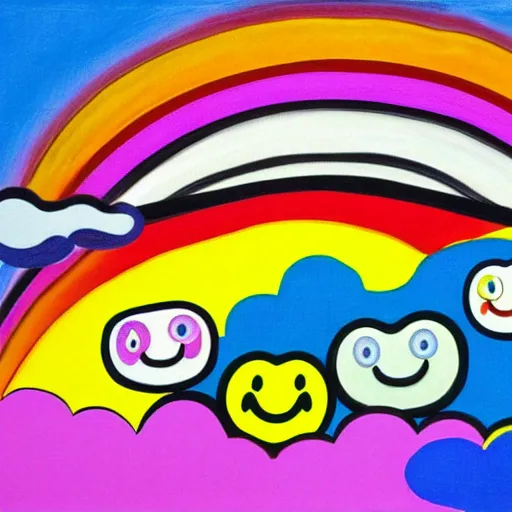 Image similar to clouds with rainbow colors, smiley faces, Edvard Munch, David Hockney, Takashi Murakami, Minimalist,