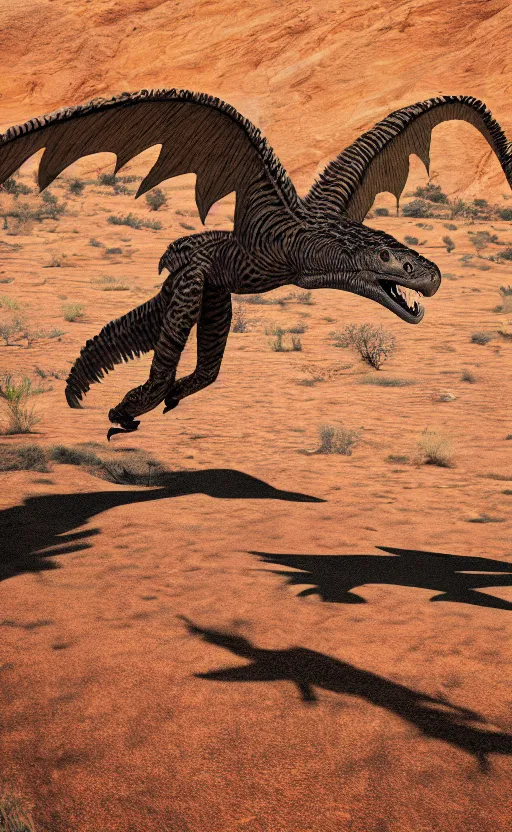 Image similar to a utahraptor in desert, photo, realistic, 3 5 mm, 4 k