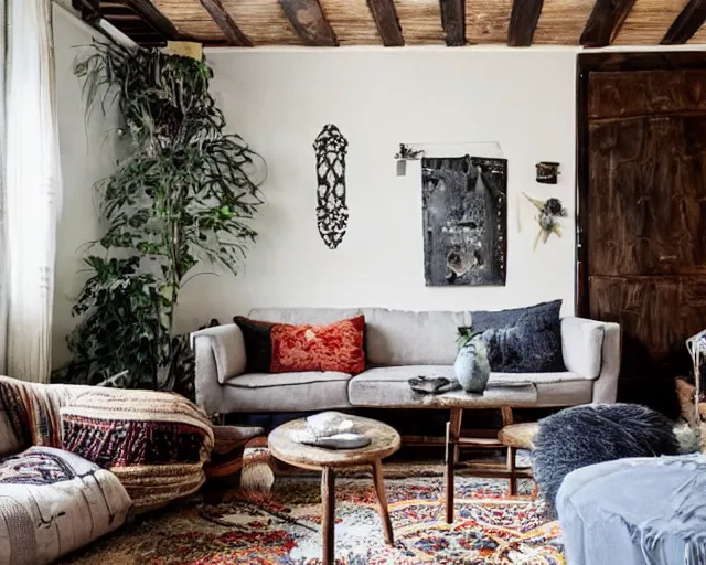 Prompt: sunrise photo of a tastefully decorated bohemian living room with dark luxurious furnishings, and a mix of antique and modern furniture, and a mix of concrete and raw wood finishes