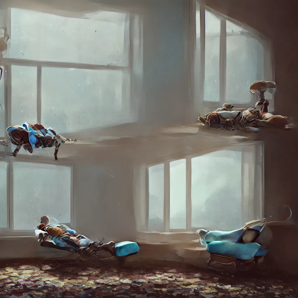 Image similar to intimate photograph of one single lone solitary cerulean and brown decaying futuristic robot lying on a frayed fainting couch in front of a beautiful fireplace with a cozy fire, in a dusty Victorian home, soft morning light seeping in a window, with cinematic lighting and lens flare, tall ceiling, octane render, cgsociety, by Simon Stalenhag and Rouhollah Toghyani and Sylvian Boussiron and Alfonso Cuaron, highly detailed closeup portrait, award-winning highly detailed 8k anamorphic closeup tight cinematic movie photograph
