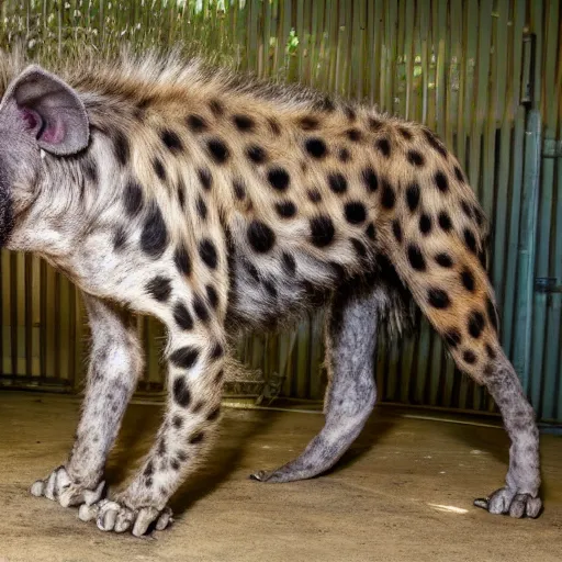 Image similar to hyena and robot hybrid, half robot half hyena, realistic proportions, picture taken in zoo, highly detailed