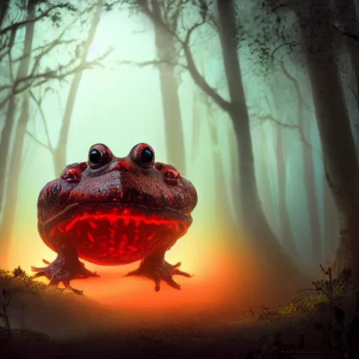 Prompt: giant evil monsterous slimy toad in the dark forest, glowing red eyes, slimy toads, dark night, midnight, foggy, atmospheric, highly detailed, hyperrealistic, gothic horror, trending on artstation, digital art, dark fantasy, by a creature artist