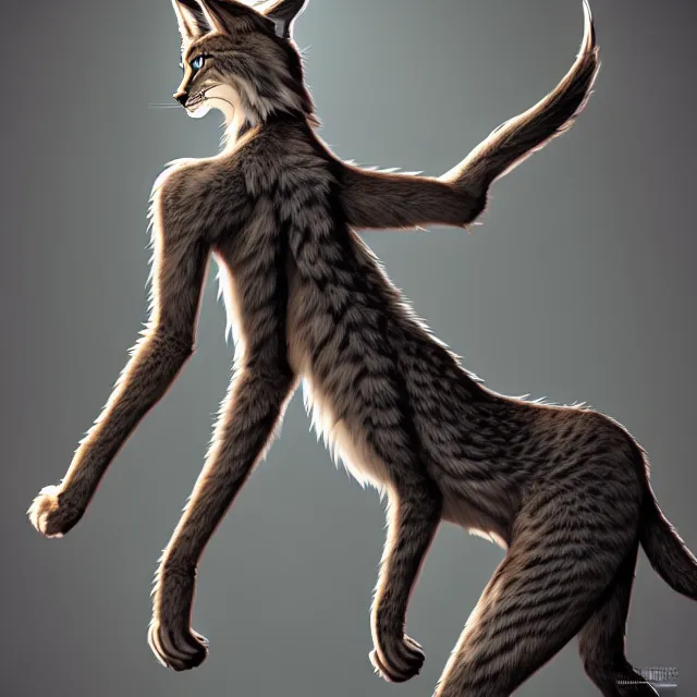 Image similar to the full body of anthropomorphic lynx fursona from behind wearing a steampunk suit as unimaginably beautiful, gorgeous, elegant, young woman with lynx head, an ultrafine hyperdetailed illustration by furaffinity, intricate linework, white fur, unreal engine 5 highly rendered, global illumination, radiant light, detailed and intricate environment