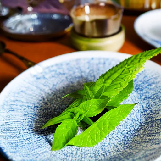 Image similar to a salvia divinorum plant served at a fancy restaraunt on a fancy plate, gorgeous depth of field proffessional food photography