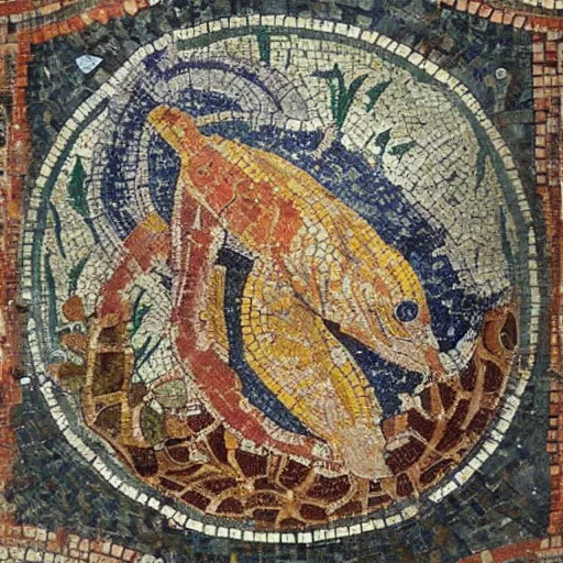 Prompt: roman mosaic showing aquatic life. object located in pompeii. object dated back to 2 nd century bce.