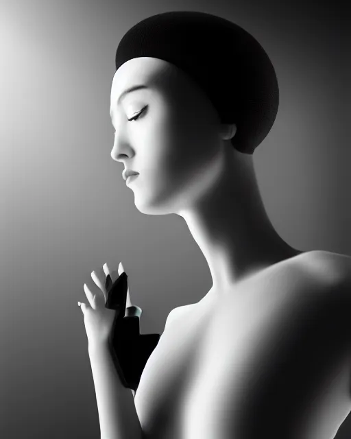 Image similar to black and white high quality photo of a beautiful female AI vegetal-cyborg looking into a sci-fi mirror, volumetric lighting, liminal space, brutalism, foggy, dreamy, hyperdetailed, bokeh, photorealistic, cinematic, masterpiece, Metropolis, elegant, dark, by Man Ray in the style of Horst P. Horst, octane render, 8K,