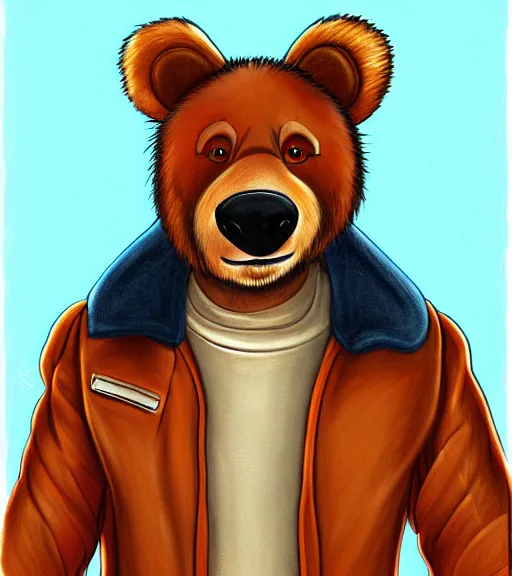 Image similar to expressive stylized master furry artist digital colored pencil painting full body portrait character study of the bear small head fursona animal person wearing clothes leather bomber jacket pilot standing next to airplane by master furry artist blotch, sharp focus vintage disney animation style