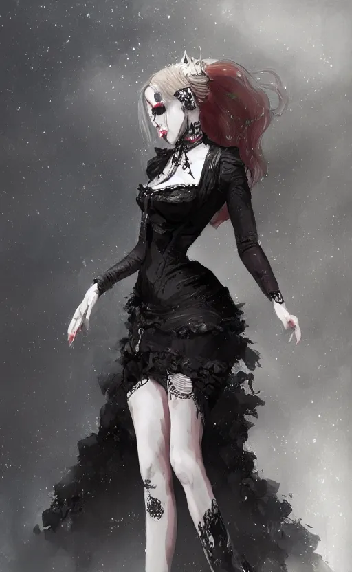 Image similar to rock star girl in gothic victorian dress on stage. concept art, artstation trending, digital painting highly detailed, vxf movie, cinematic