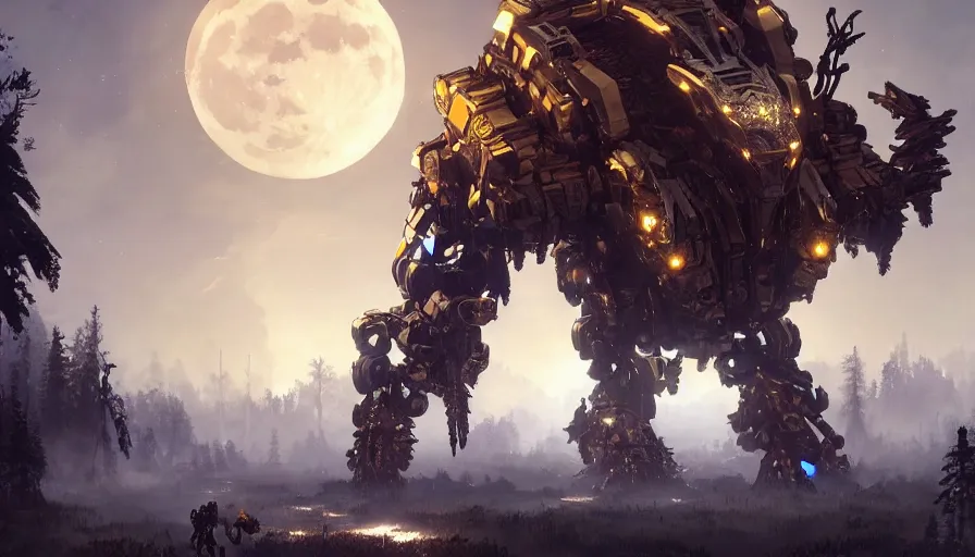 Image similar to large walking mech covered in gold and silver armor, horizon zero dawn aesthetic, beautiful moon lit night, many glowing lights, beautiful forests and trees, intricate detail, epic wallpaper, art by darek zabrocki and John Park and Feng Zhu and Jason Chan, trending on artstation, masterpiece.