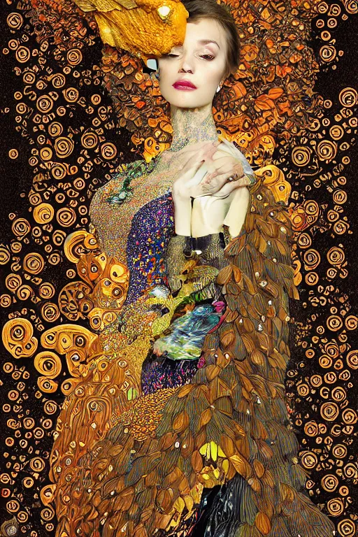 Prompt: an insanely detailed cell shaded vector art of a portrait of a mechanical bird with woman and the death, intricate detailed color smashing fluid oil paint and acrylic, autumn leaves, melting wax, mycelia, abstract impressionism, ruan jia, fantasy, hyper detailed, concept art, by gustav klimt,