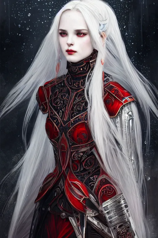 Prompt: portrait white hair knights of Zodiac girl+smoky eyes, black fire red color reflected armor, in ruined Agora of Athens rainy night, ssci-fi and fantasy, intricate and very very beautiful and elegant, highly detailed, digital painting, artstation, concept art, smooth and sharp focus, illustration, art by tian zi and WLOP and alphonse mucha
