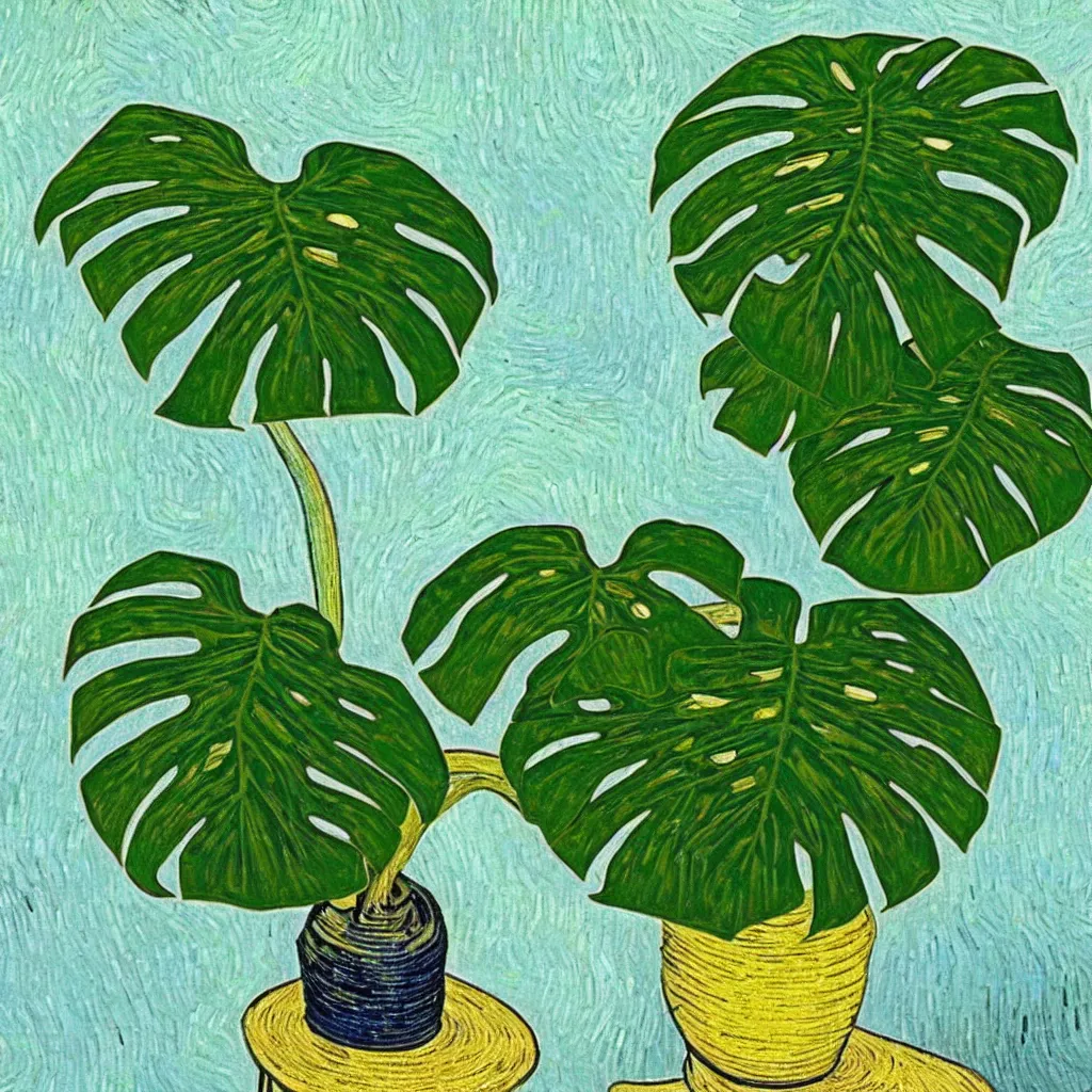 Image similar to A beautiful variegated monstera plant on a table in the style of Van Gogh