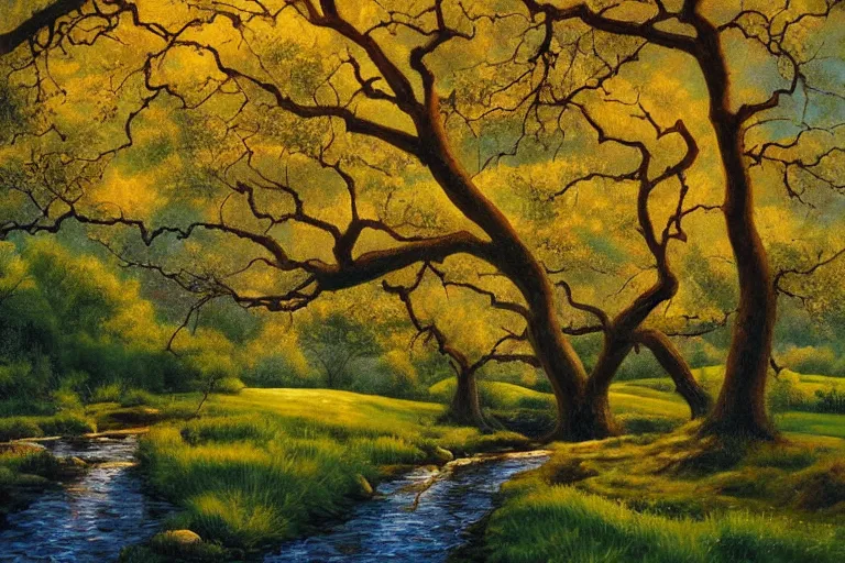 Image similar to masterpiece painting of oak trees on a hillside overlooking a creek, dramatic lighting, by cliff childs