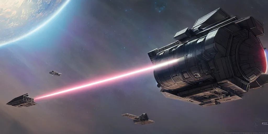 Prompt: hyper realistic sci - fi matte concept art painting of a space satellite shooting a laser down at earth, beautiful details, strong composition painted by kim jung guweta studio rutkowski, james gurney and greg rutkowski, and lucasfilm, smooth, intricate, detailed, sharp focus, cinematic
