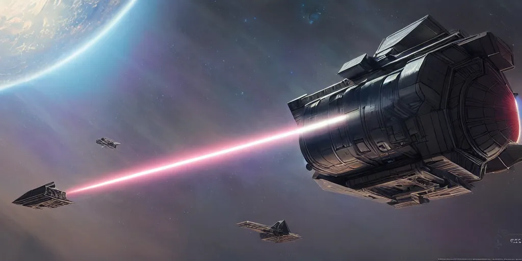 Image similar to hyper realistic sci - fi matte concept art painting of a space satellite shooting a laser down at earth, beautiful details, strong composition painted by kim jung guweta studio rutkowski, james gurney and greg rutkowski, and lucasfilm, smooth, intricate, detailed, sharp focus, cinematic