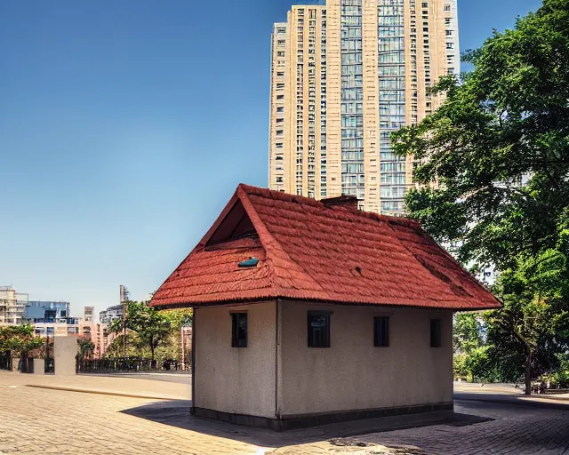 Image similar to a tall building with a brown roof next to a road, a matte painting by zlatyu boyadzhiev, unsplash, new objectivity, hdr, photo taken with provia, photo taken with ektachrome