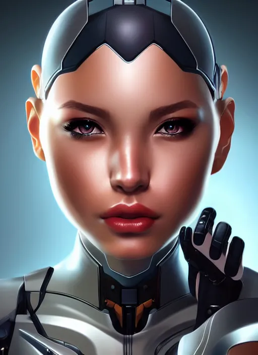 Image similar to portrait of a cyborg woman by Artgerm, (((((face turns left))))) (((face turns right+100))), eyes closed , biomechanical, hyper detailled, trending on artstation