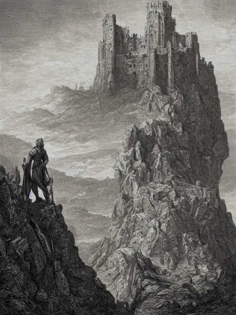 Image similar to an engraving of king arthur standing on a rocky outcropping with castle camelot in the background by gustave dore, caspar david friedrich, ian miller, highly detailed, strong shadows, depth, lithograph engraving