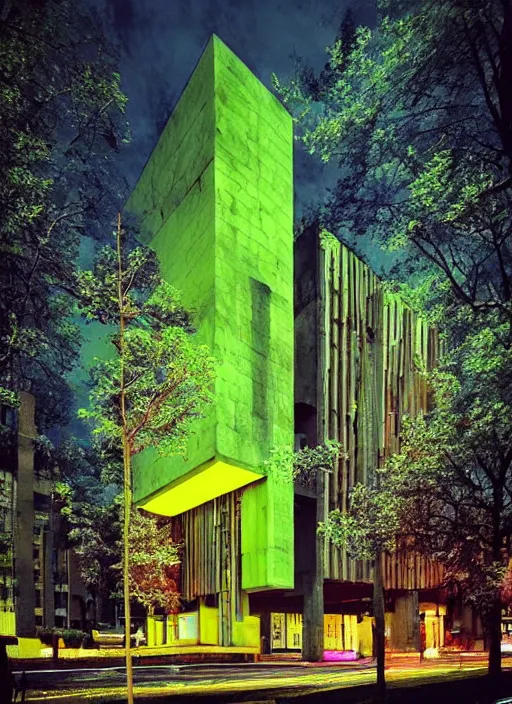 Image similar to “ brutalist architecture surrounded by a neon forest ”