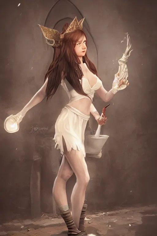 Image similar to photorealistic full body portrait of the cutest elven maid, dynamic lighting, ray tracing, cinematic, hyperrealism art, fantasy and concept art
