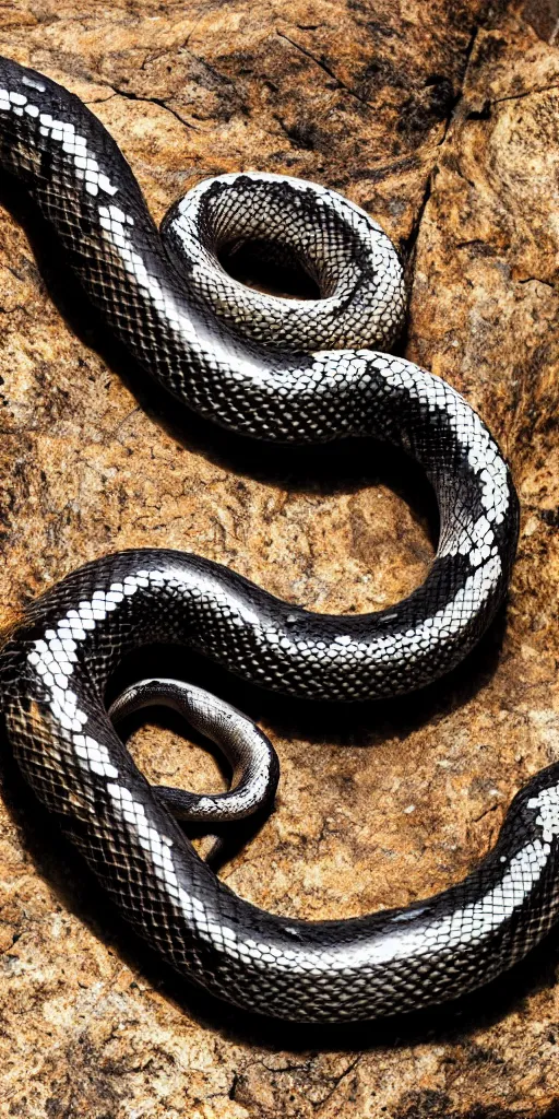 Image similar to real picture of a living ouroboro, infinity snake, eating it's own tail, on a dark rock background