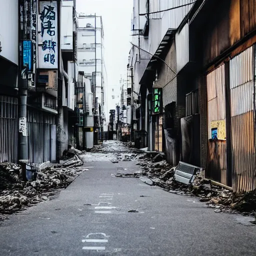 Prompt: abandoned street of tokyo with stone of people